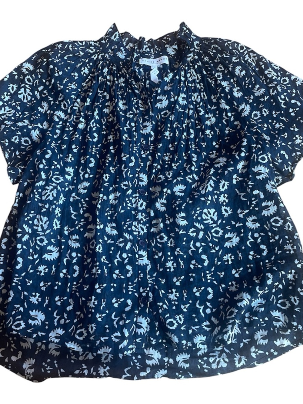 Apiece Apart Navy and White Floral Gathered Yoke Blouse